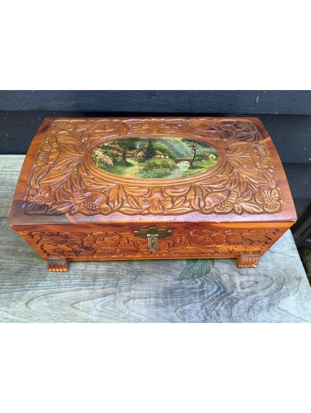 Vintage Carved Wood Jewelry Box, Cottage Scene Print, Footed with Brass Clasp